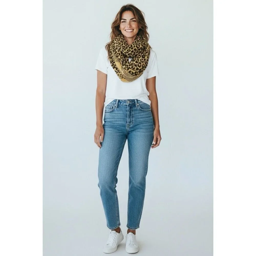 Michael Kors Reversible Infinity Scarf Leopard Print Logo Knit Tan Black